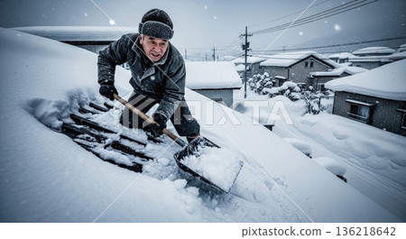 日本大雪地區的屋頂除雪作業 136218642