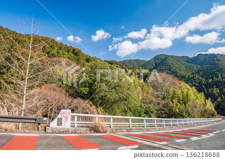 從奈良縣飛鳥村神村町的木椿橋上眺望山林 136218688