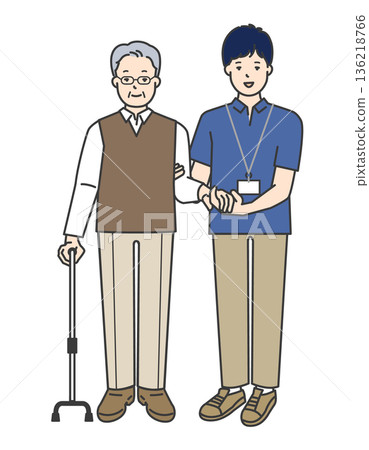 Vector illustration of a caregiver assisting an elderly person to walk 136218766