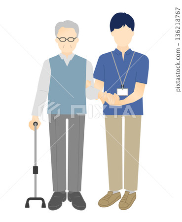 Vector illustration of a caregiver assisting an elderly person to walk Vector illustration of a caregiver assisting an elderly person to walk 136218767