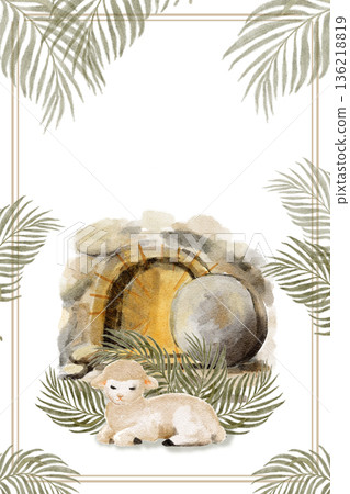 Empty stone tomb, glowing entrance, resting lamb, framed by palm branches watercolor Easter poster ideal for Christian design, church decor, seasonal prints. Soft neutral tones. Symbol of resurrection Empty stone tomb, glowing entrance, resting lamb, framed by palm branches watercolor Easter poster ideal for Christian design, church decor, seasonal prints. Soft neutral tones. Symbol of resurrection 136218819