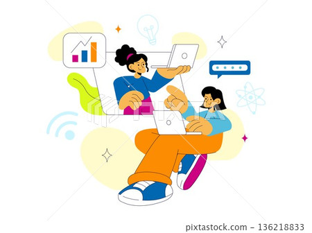 Women In Tech Vector Illustration Featuring Female Programmer And Digital Innovation System In Flat Style Cartoon Background 136218833