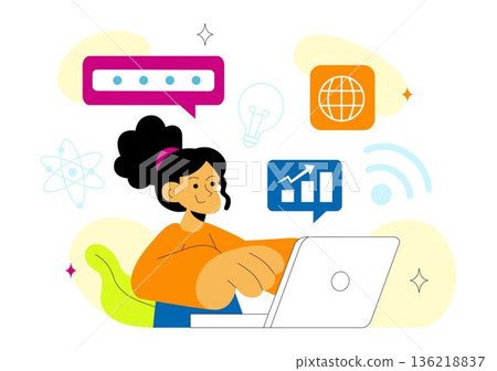 Women In Tech Vector Illustration Featuring Female Programmer And Digital Innovation System In Flat Style Cartoon Background 136218837
