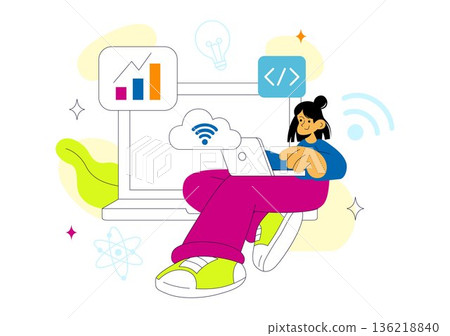 Women In Tech Vector Illustration Featuring Female Programmer And Digital Innovation System In Flat Style Cartoon Background 136218840