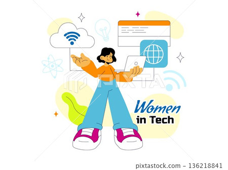 Women In Tech Vector Illustration Featuring Female Programmer And Digital Innovation System In Flat Style Cartoon Background 136218841