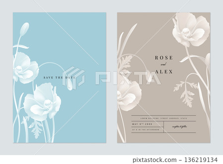 Floral wedding invitation card template design, monochrome poppy flowers with leaves on blue and grey, two tones color 136219134