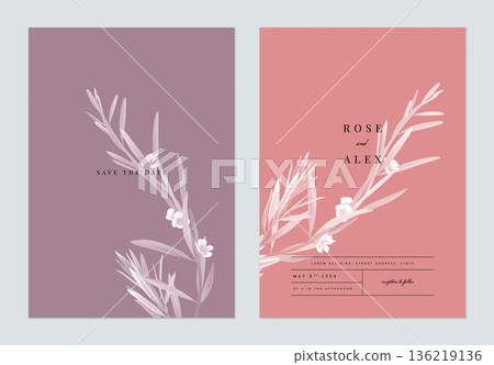 Floral wedding invitation card template design, monochrome flowers with leaves on purple and red, two tones color 136219136