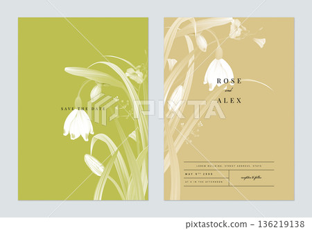 Floral wedding invitation card template design, monochrome flowers with leaves on green and brown two tones color 136219138