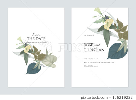 Floral wedding invitation card template design, fancy flowers and leaves on white Floral wedding invitation card template design, fancy flowers and leaves on white 136219222