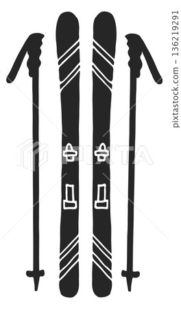 Alpine skis with bindings and sport sticks black silhouettes 136219291