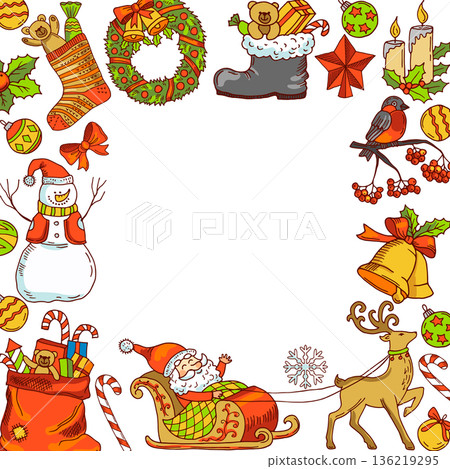 Christmas card frame with hand drawn holiday symbols Christmas card frame with hand drawn holiday symbols 136219295
