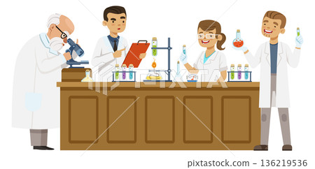 Science chemical experiment. People in lab coats together 136219536