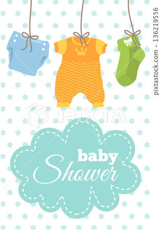 Cute baby shower flyer with cartoon kid clothes Cute baby shower flyer with cartoon kid clothes 136219556