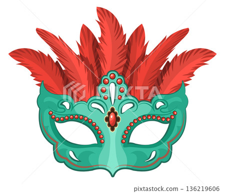 Vintage opera mask. Red feather decorative element Vintage opera mask. Red feather decorative element 136219606