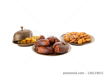Traditional Ramadan snacks arranged, isolated on white, PNG Traditional Ramadan snacks arranged, isolated on white, PNG 136219631
