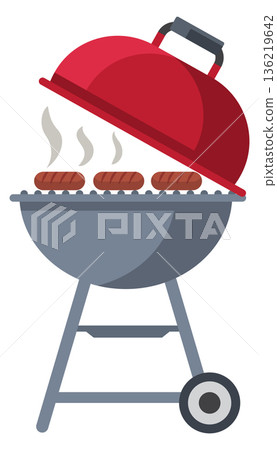 Round grill with cooking sausages. Bbq cartoon icon 136219642