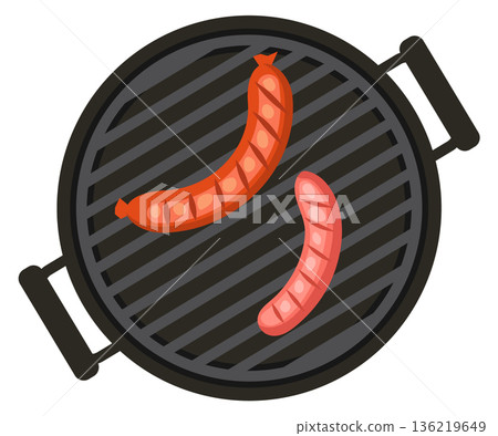 Sausages roast on grill bars. Barbecue top view Sausages roast on grill bars. Barbecue top view 136219649