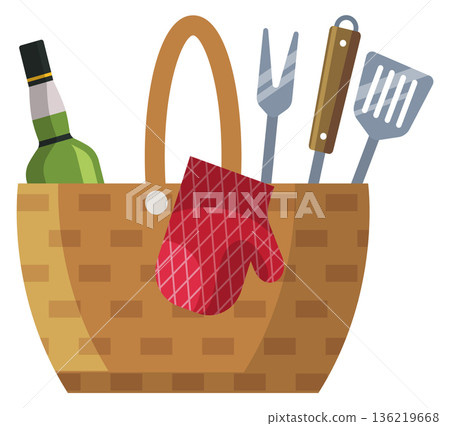 Picnic basket with barbeque tools. Outdoor meal equipment Picnic basket with barbeque tools. Outdoor meal equipment 136219668
