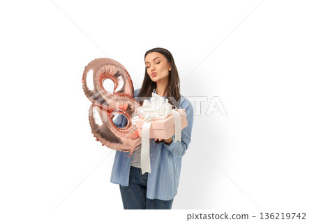 Young woman with a gift for Women's Day, isolated, PNG Young woman with a gift for Women's Day, isolated, PNG 136219742