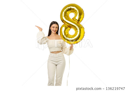 Women's Day features a young woman holding a balloon, isolated, PNG Women's Day features a young woman holding a balloon, isolated, PNG 136219747