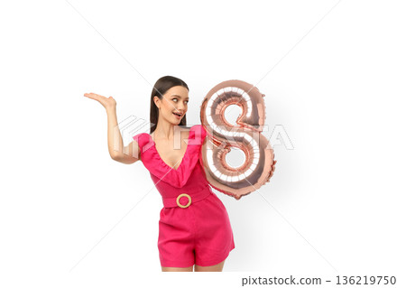 Young woman happily holds an 8 balloon, isolated, PNG Young woman happily holds an 8 balloon, isolated, PNG 136219750