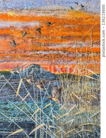 一幅描繪野鵝遷徙到西伯利亞的日本畫 136219800