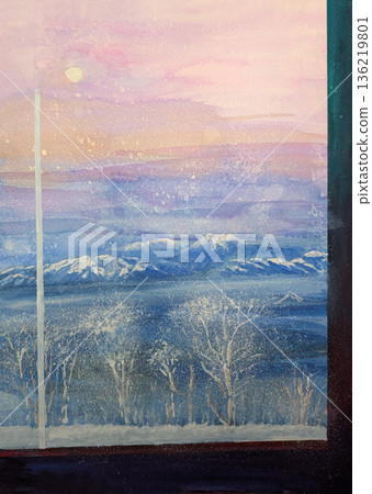 A watercolor painting of Lake Mashu in winter, looking at Mount Meakan from a hotel room A watercolor painting of Lake Mashu in winter, looking at Mount Meakan from a hotel room 136219801