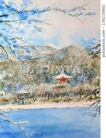 A watercolor painting of the pagoda of Daikakuji Temple seen from Osawa Pond in Kyoto A watercolor painting of the pagoda of Daikakuji Temple seen from Osawa Pond in Kyoto 136219802