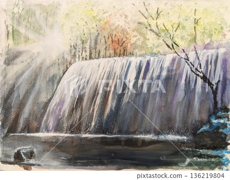 A sketch of Nabegataki Falls, which is believed to have been formed by the massive eruption that created the Aso caldera about 90,000 years ago. 136219804