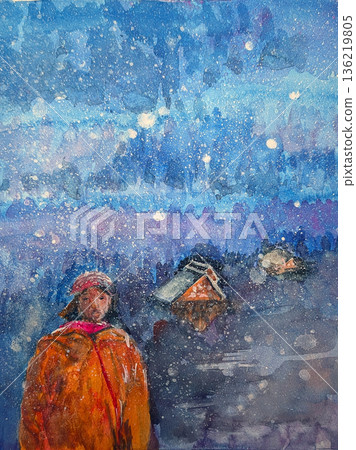A woman visiting Shirakawa-go in the snow 136219805