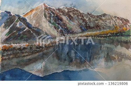 A watercolor sketch of Happoike Pond with the Hakuba mountain range shining through it 136219806