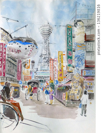 A sketch of Tsutenkaku Tower in Minami, Osaka, featuring Billiken 136219816