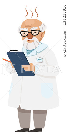 Thinking scientist mascot. Senior man in lab coat Thinking scientist mascot. Senior man in lab coat 136219910