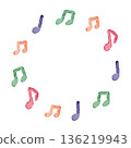 Colorful hand drawn illustration. Watercolor red, blue, green and orange musical notes curvy frame. Music concept 136219943