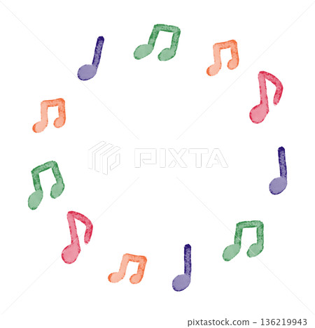 色彩繽紛的手繪插圖。水彩風格的紅色、藍色、綠色和橘色音符構成曲線邊框。音樂概念 136219943