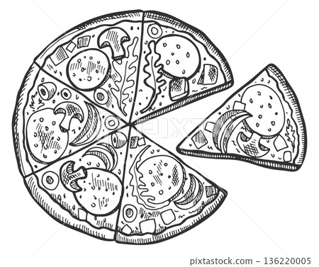 Pizza sketch. Sliced hot fast food drawing Pizza sketch. Sliced hot fast food drawing 136220005