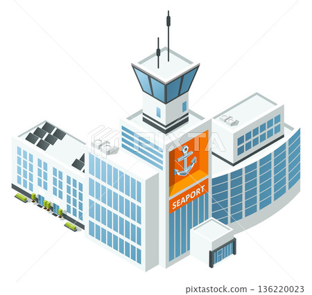Seaport isometric building. Nautical transportation cartoon icon Seaport isometric building. Nautical transportation cartoon icon 136220023