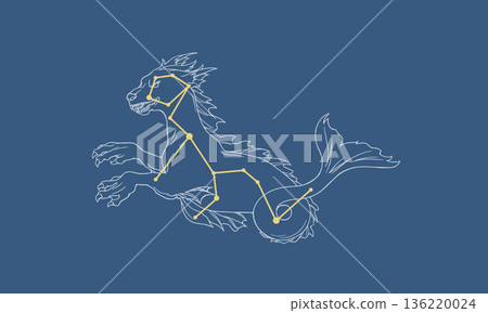 深藍色背景上的鯨魚座圖案（鯨魚圖案和金色星座線條）。 136220024