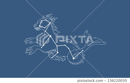 深藍色背景上的鯨魚座圖案（鯨魚圖案和白色星座線）。 136220030