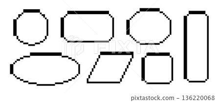 Set of black pixel text boxes. Empty pixelated frame collection. Retro 8 bit border shape pack for speech chat bubble, message cloud, communication dialog, talk balloon. Vector illustration bundle Set of black pixel text boxes. Empty pixelated frame collection. Retro 8 bit border shape pack for speech chat bubble, message cloud, communication dialog, talk balloon. Vector illustration bundle 136220068