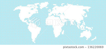 Blue pixel world ocean map concept. Abstract dotted globe world map for poster, banner, brochure, flyer, booklet, presentation. Continents infographics wallpaper. Vector globe salt water illustration 136220069