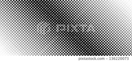 Thin to thick net pattern gradient. Fading slanted grid texture background. Black diagonal mesh backdrop for overlay, print, cover, banner, poster. Vanishing overlapping lattice wallpaper. Vector 136220073