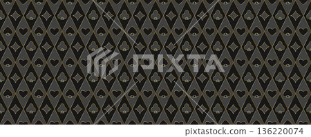 Dark grey playing cards pattern background. Golden outline vintage spades, hearts, diamonds, clubs symbols backdrop. Retro poker or casino table theme wallpaper. Vegas gambling concept texture. Vector Dark grey playing cards pattern background. Golden outline vintage spades, hearts, diamonds, clubs symbols backdrop. Retro poker or casino table theme wallpaper. Vegas gambling concept texture. Vector 136220074