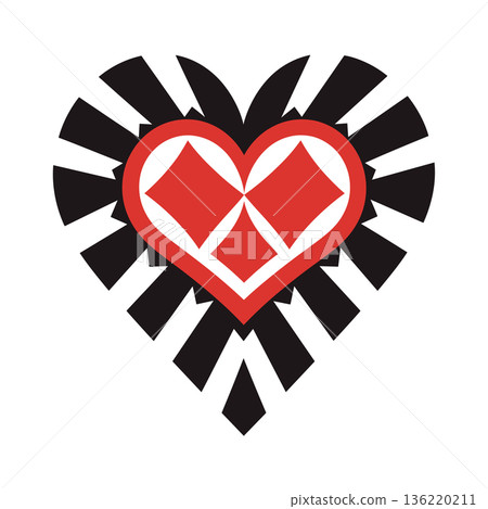 Red heart with diamond symbols and black stripes on white background Red heart with diamond symbols and black stripes on white background 136220211