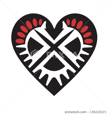 Black and white heart with red accents and geometric designs 136220221