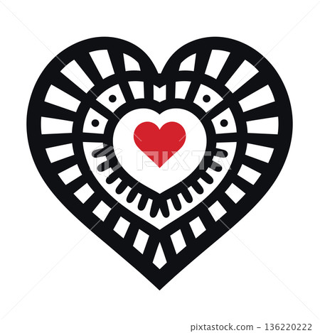 Detailed black and white heart with red heart in center design 136220222