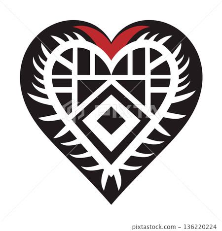 Heart design featuring geometric patterns in black, white, and red 136220224
