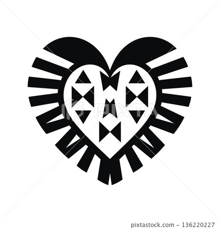 Black and white heart shape with geometric patterns and radiating lines Black and white heart shape with geometric patterns and radiating lines 136220227
