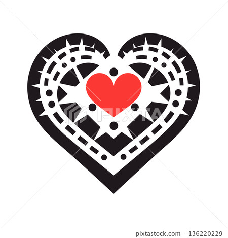 Decorative black and white heart with small red heart in center 136220229