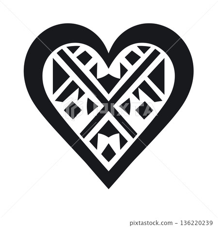 Black tribal heart with geometric pattern on white background Black tribal heart with geometric pattern on white background 136220239